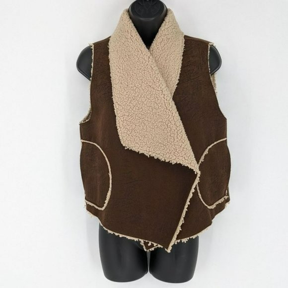 C&C California Faux Suede Sherpa Vest Small Coffee Brown Tan Boho Open Front New - Picture 1 of 13